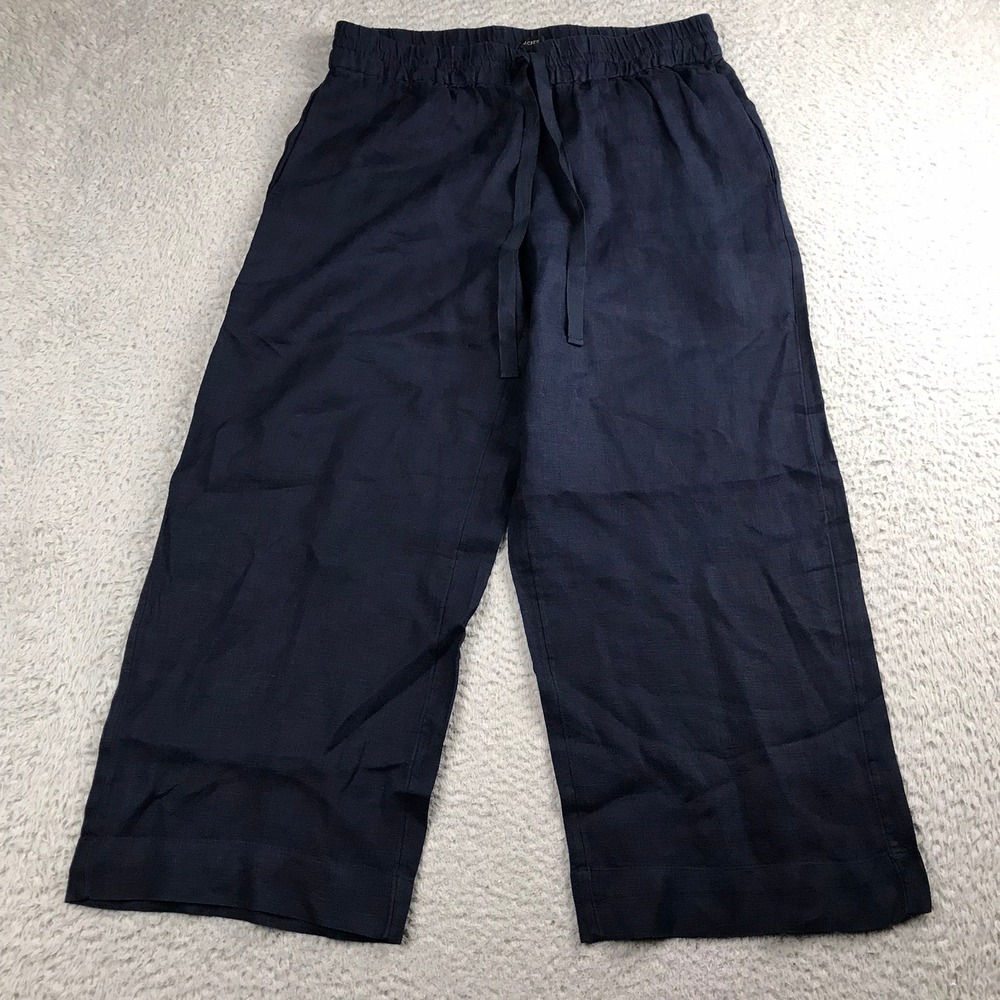 J Crew Wide Leg Cropped Pants Womens S (32x24) Navy Blue 100% Linen Drawstring